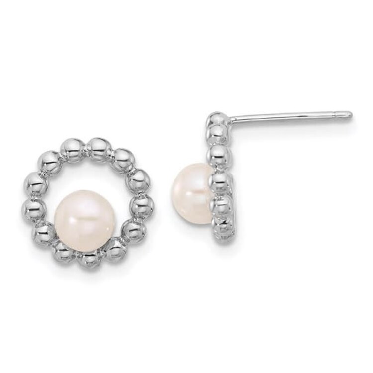 80152 Sterling Silver Rhodium-plated 5-6mm White Button Freshwater Cultured Pearl Circle Post Earrings