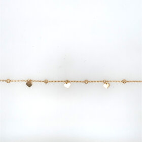 20407 14K  7" YELLOW GOLD  BEAD ON CABLE LINK WITH DANGLING HEARTS BRACELET