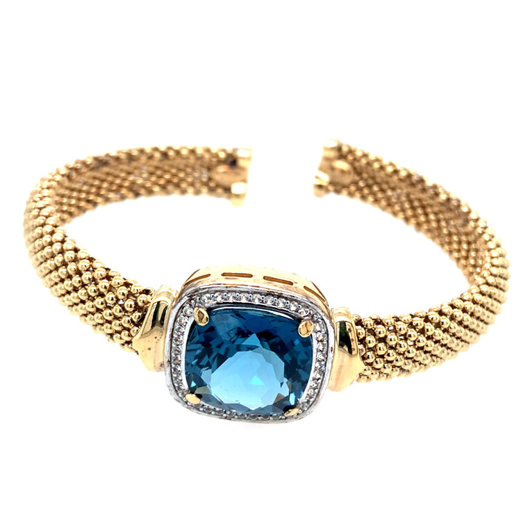 80161 STERLING SILVER GOLD PLATED FLEX BANGLE WITH SYNTHETIC BLUE TOPAZ CUBIC ZIRCONIA