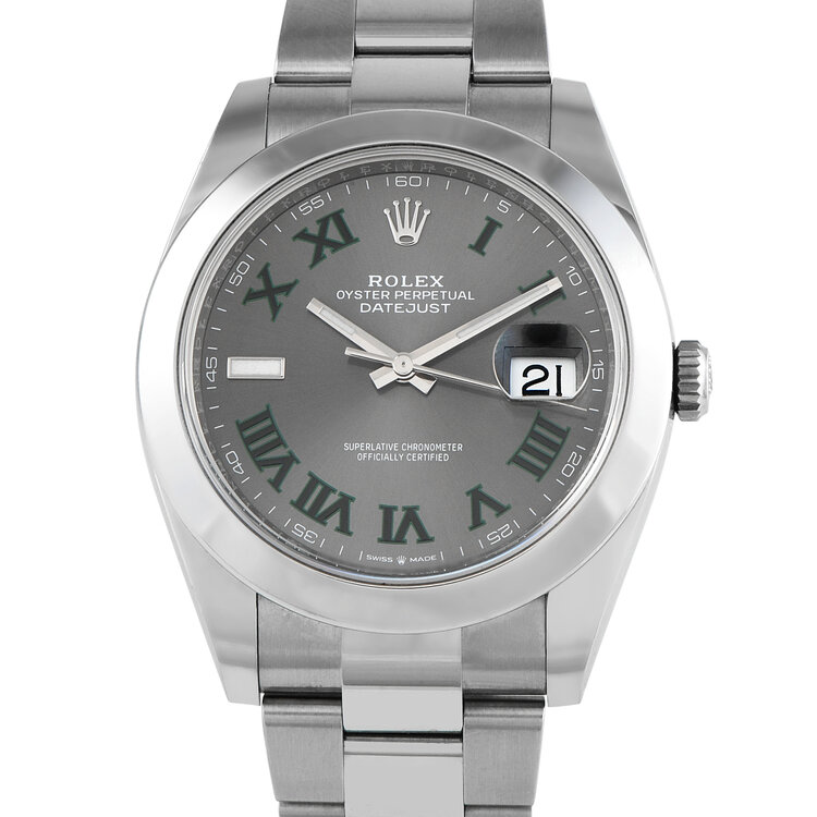 10047 ROLEX OYSTER PERPETUAL DATEJUST SILVER WIMBLEDON DIAL STAINLESS STEEL OYSTER BAND 126300 41MM PRE-OWN