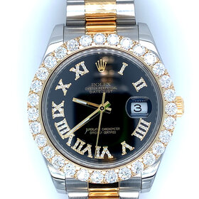 10036 ROLEX TWO TONE OYSTER PERPETUAL DATEJUST 5CT F-G VS DIAMOND BEZEL 41MM BLACK DIAL ROMAN NUMERALS  OYSTER BAND 116333 PRE-OWN