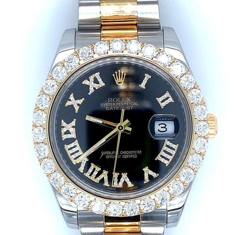 10036 ROLEX TWO TONE OYSTER PERPETUAL DATEJUST 5CT F-G VS DIAMOND BEZEL 41MM BLACK DIAL ROMAN NUMERALS  OYSTER BAND 116333 PRE-OWN