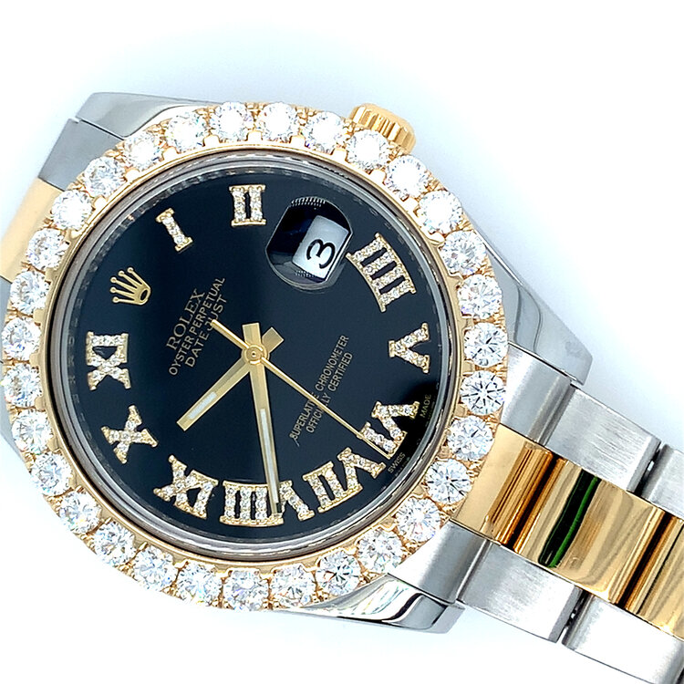 10036 ROLEX TWO TONE OYSTER PERPETUAL DATEJUST 5CT F-G VS DIAMOND BEZEL 41MM BLACK DIAL ROMAN NUMERALS  OYSTER BAND 116333 PRE-OWN