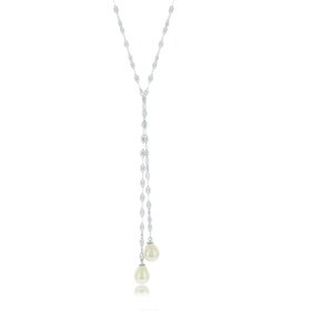 M-6048 Sterling Silver High Polish Flat Mirror Chain with Fresh Water Pearl Lariat Necklace