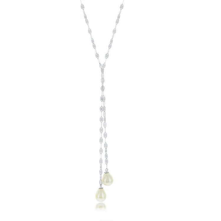 M-6048 Sterling Silver High Polish Flat Mirror Chain with Fresh Water Pearl Lariat Necklace