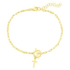 Sterling Silver Cross Charm Paperclip Toggle Bracelet - Gold Plated