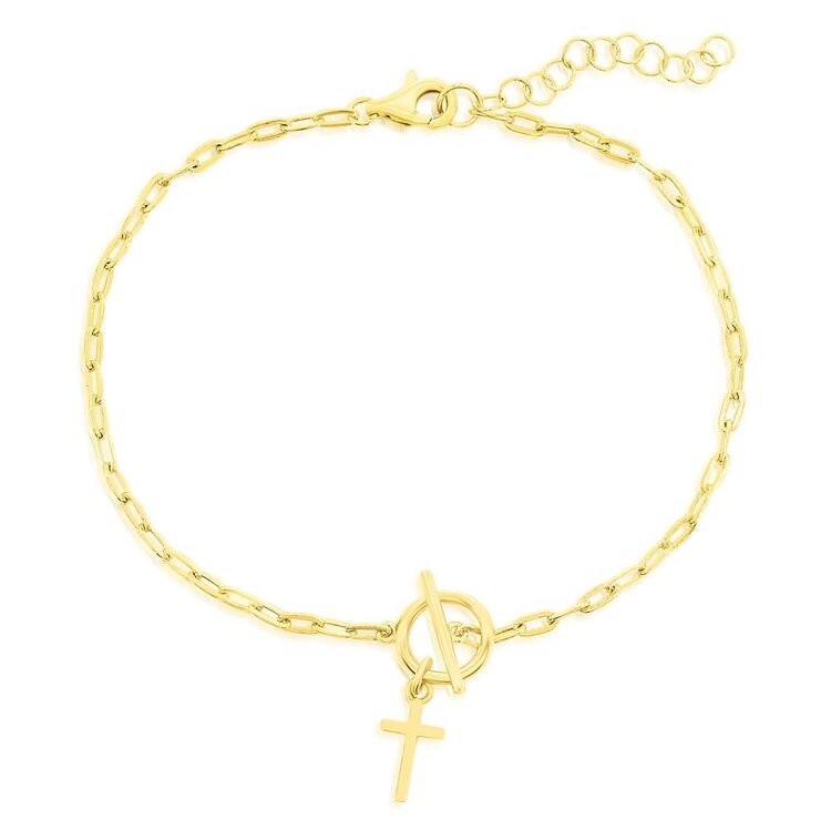 S-5188-GP Sterling Silver Cross Charm Paperclip Toggle Bracelet - Gold Plated