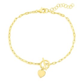 S-5187-GP Sterling Silver Heart Charm Paperclip Toggle Bracelet - Gold Plated