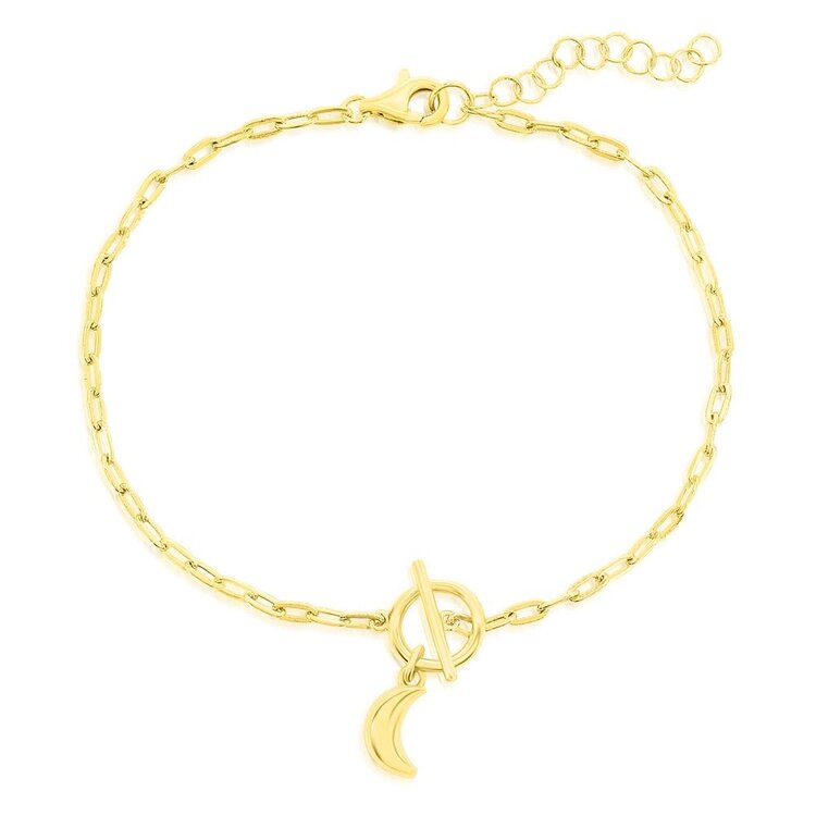 S-5186-GP Sterling Silver Crescent Moon Charm Paperclip Toggle Bracelet - Gold Plated