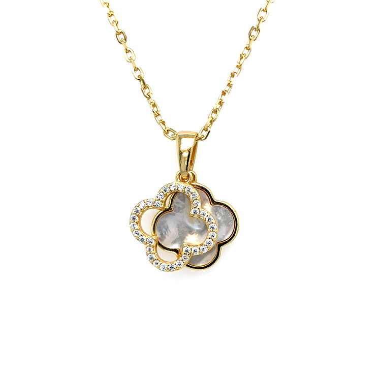 80170 STERLING SILVER GOLD PLATED 14.50MM CUT OUT CUBIC ZIRCONIA  CLOVER MOTHER OF PEARL  PENDANT NECKLACE
