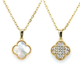 80169 STERLING SILVER GOLD PLATED 14MM CUBIC ZIRCONIA MOTHER OF PEARL CLOVER REVERSIBLE PENDANT NECKLACE