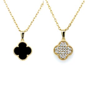 80168 STERLING SILVER GOLD PLATED 14MM CUBIC ZIRCONIA BLACK ONYX CLOVER REVERSIBLE  PENDANT NECKLACE