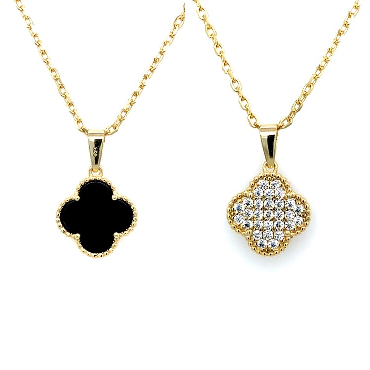 80168 STERLING SILVER GOLD PLATED 14MM CUBIC ZIRCONIA BLACK ONYX CLOVER REVERSIBLE  PENDANT NECKLACE