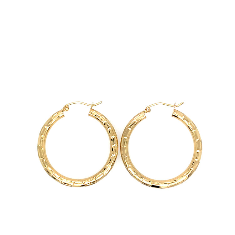 31553 14K YELLOW GOLD CHECKERBOARD 1" HOOPS