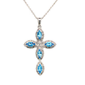 70603 14K WHITE GOLD .25tcw DIAMOND BORDER WITH MARQUIS SHAPE BLUE TOPAZ FANCY CROSS PENDANT