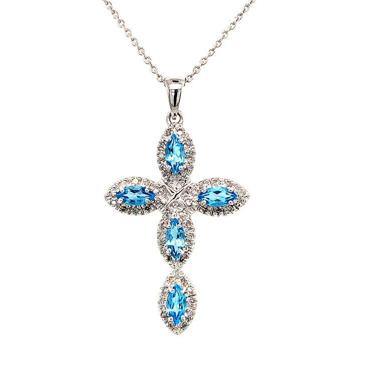 70603 14K WHITE GOLD .25tcw DIAMOND BORDER WITH MARQUIS SHAPE BLUE TOPAZ FANCY CROSS PENDANT