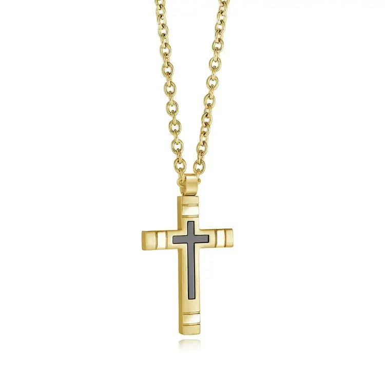 SC243-GO GOLD-IP-S.STEEL BLACK-IP-CENTRE CROSS 22"-NECKLACE