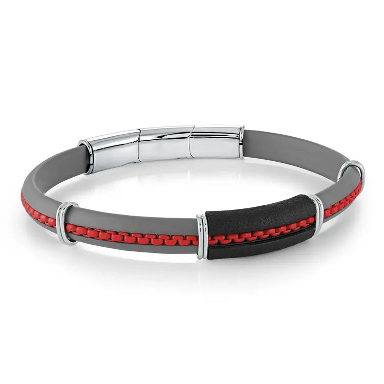 SBR26 ITALGEM RED-IP-STAINLESS STEEL BOX-LINK GREY-RUBBER 7.5+0.5"-BRACELET