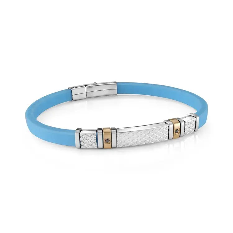 SBR9-BABY-BLUE ITALGEM STAINLESS STEEL-GOLD-IP BLACK-CZ BABY-BLUE SILICONE ADJUSTABLE-BRACELET