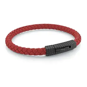 SLB547 ITALGEM BLACK-MATTE-IP S.STEEL-CLASP OCTAGON-CAGE-DESIGN RED-LEATHER 8.5''-BRACELET