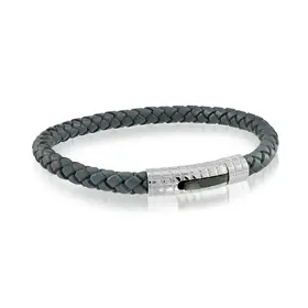 SLB107 ITALGEM STAINLESS STEEL-BLACK-IP PUSH-CLASP-DESIGN GREY-LEATHER 8.2"-BRACELET