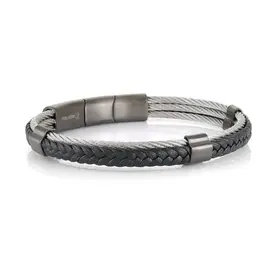 SMBG107 ITALGEM STAINLESS STEEL CABLE GUN IP 2 WAY CLASP BLACK LEATHER MENS BRACELET