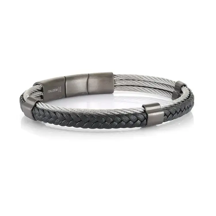 SMBG107 ITALGEM STAINLESS STEEL CABLE GUN IP 2 WAY CLASP BLACK LEATHER MENS BRACELET