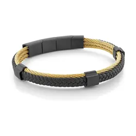 SMBG126 ITALGEM BLACK-IP-S.STEEL 2-WAY-CLASP GOLD-CABLE BLACK-LEATHER 7.5+0.5+0.5"-BRACELET