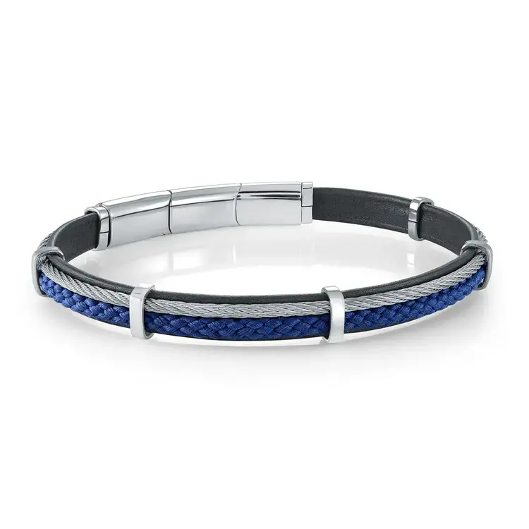 SMBG183 ITALGEM STAINLESS STEEL CABLE BLUE-CORD BLUE-LEATHER 7.5+0.5"-BRACELET