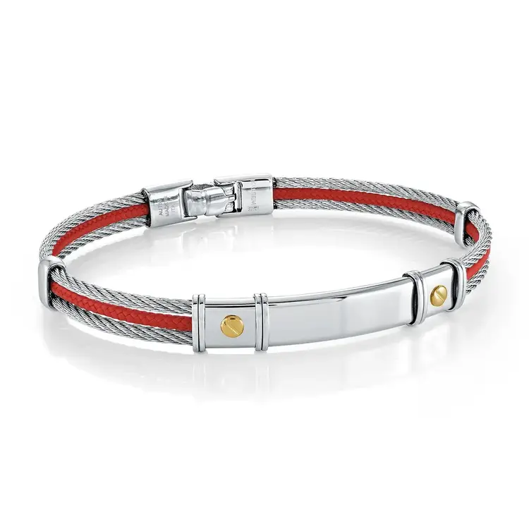 SMBG159-8.27 ITALGEM STAINLESS STEEL 18K-GOLD 3-ROW-CABLE RED-CORD 8.27"-BANGLE