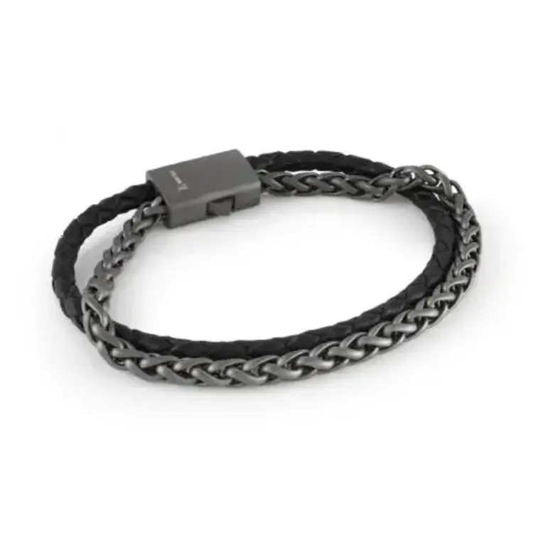 SLB610-8 ITALGEM GUN-IP-STAINLESS STEEL 12.2MM-WHEAT-LINK BLACK-LEATHER 8"-BRACELET