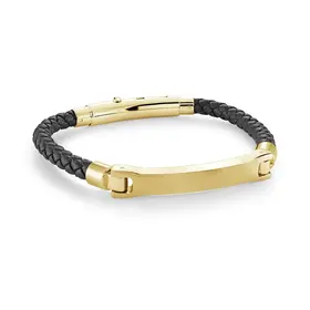 SLB577-GO ITALGEM GOLD-IP-S.STEEL WAVE-DESIGN 3-WAY-CLASP BLACK-LEATHER ADJ-BRACELET