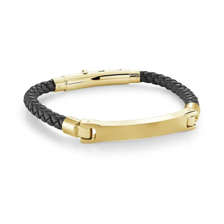 SLB577-GO ITALGEM GOLD-IP-S.STEEL WAVE-DESIGN 3-WAY-CLASP BLACK-LEATHER ADJ-BRACELET