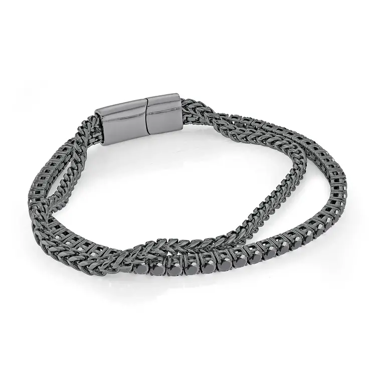 SMB756-8.5 ITALGEM GUN-IP-S.STEEL 3.5MM-ROUND-FRANCO 3MM-BLACK-CZ 8.5"-BRACELET