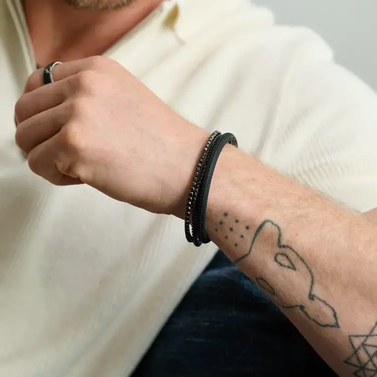 SMB756-8.5 ITALGEM GUN-IP-S.STEEL 3.5MM-ROUND-FRANCO 3MM-BLACK-CZ 8.5"-BRACELET