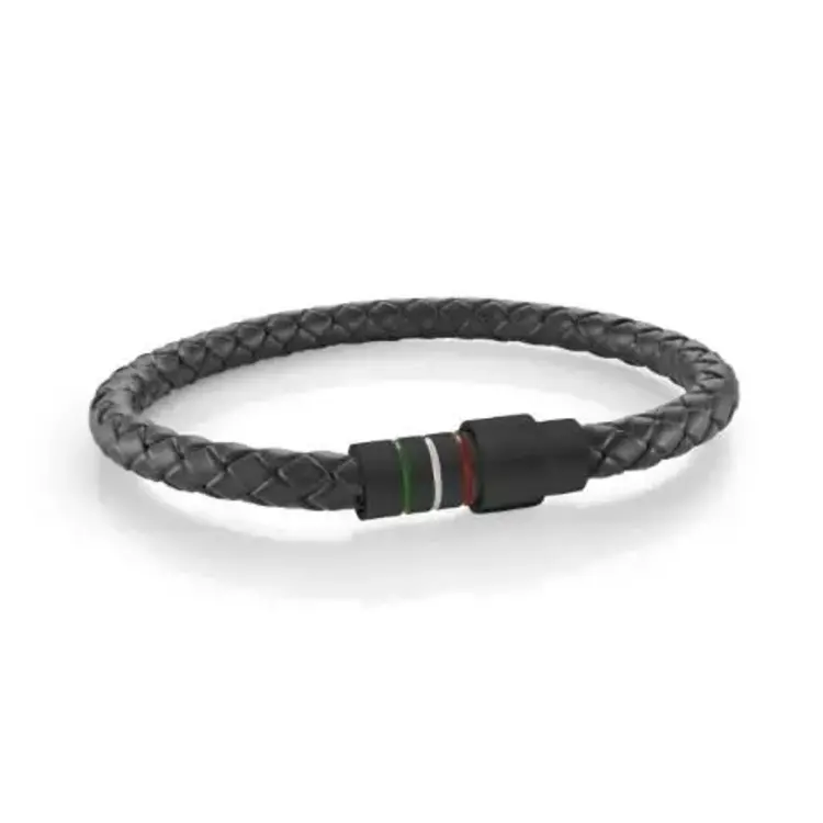 SLB584-8.5 ITALGEM STAINLESS STEEL BLACK-IP-MATTE I-M-FLAG-DESIGN BLACK-LEATHER 8.5''-BRACELET