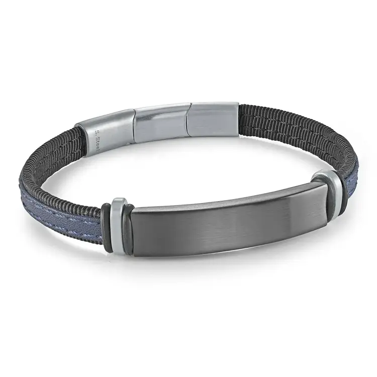 SLB675 ITALGEM  STAINLESS STEEL BLACK-IP BLACK-CORD BLUE-LEATHER 7.5+0.5"-BRACELET