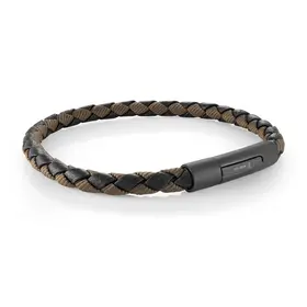 SLB637 ITALGEM BLACK-IP-STAINLESS STEEL BRAIDED BLACK-LEATHER BROWN-CORD 8.2"-BRACELET