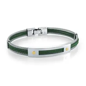 SMBG167-8.27 ITALGEM STAINLESS STEEL 18K-GOLD 4-ROW-CABLE GREEN-CORD 8.27"-BANGLE