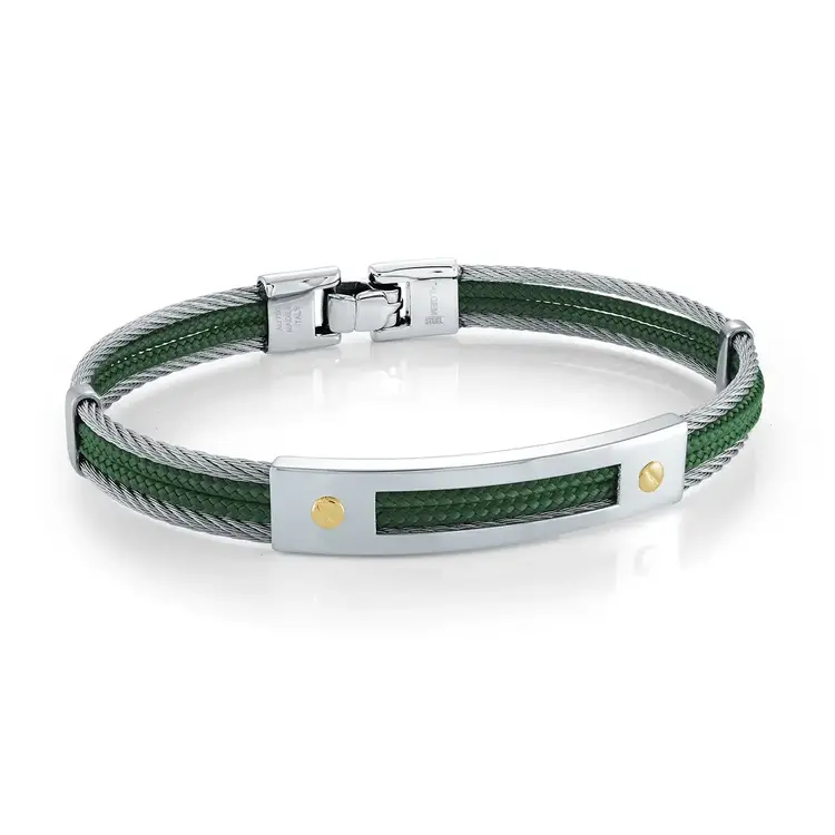 SMBG167-8.27 ITALGEM STAINLESS STEEL 18K-GOLD 4-ROW-CABLE GREEN-CORD 8.27"-BANGLE