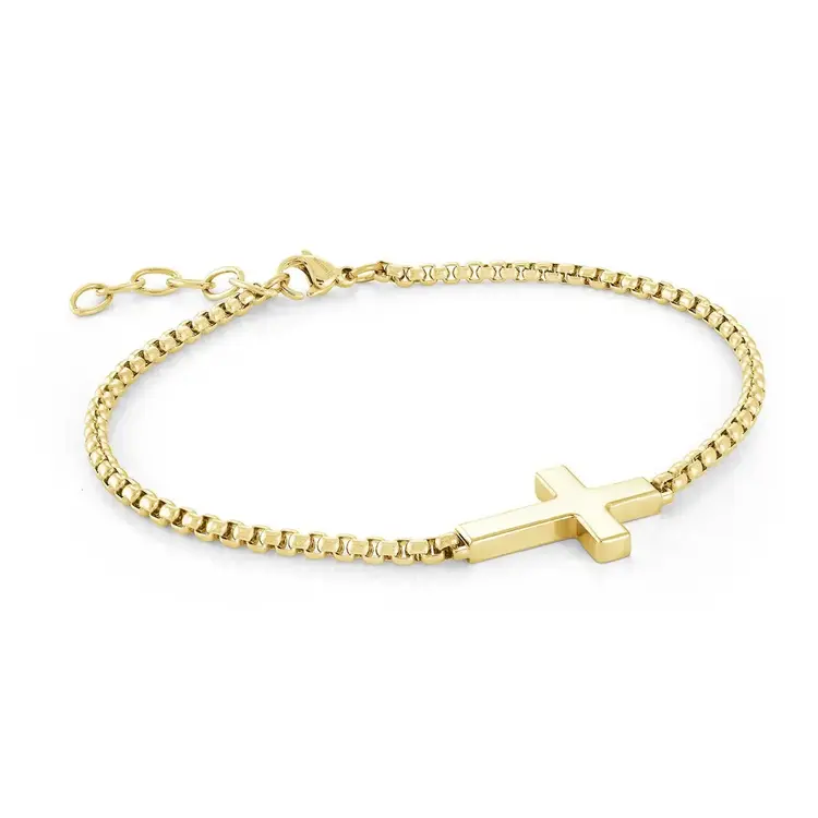SMB546 ITALGEM GOLD-IP-STAINLESS STEEL SIDEWAYS-CROSS 2.5MM-ROUND-BOX 7.5+1"-BRACELET