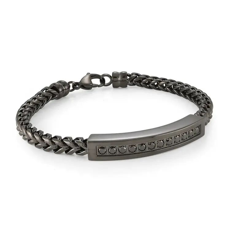 SMB754 ITALGEM GUN-IP-STAINLESS STEEL 5MM-ROUND-FRANCO BLACK-CZ ID-PLATE 8"-BRACELET