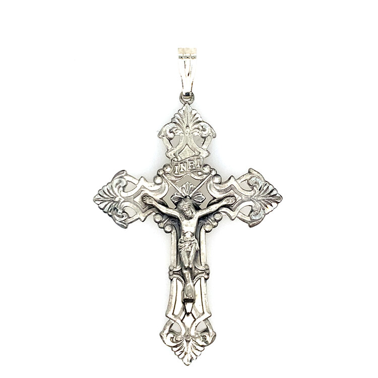 80179 STERLING SILVER FLEUR DE LIS SATIN FINISH DIAMOND CUT CRUCIFIX 2.50''