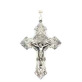 80178 STERLING SILVER FLEUR DE LIS SATIN FINISH AND DIAMOND CUT CRUCIFIX 2.25''
