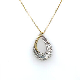 70605 14K TWO TONE .27TCW DIAMOND BAGUETTE AND ROUND DIAMOND ON EDGES OPEN CUT PEAR SHAPE PENDANT SET