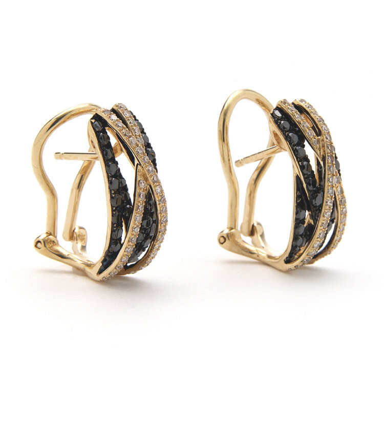 31561 14K YELLOW GOLD EFFY BLACK AND WHITE DIAMOND .99CT MULTI STRAPS CRISS CROSS DESIGN OMEGA CLASP EARRINGS