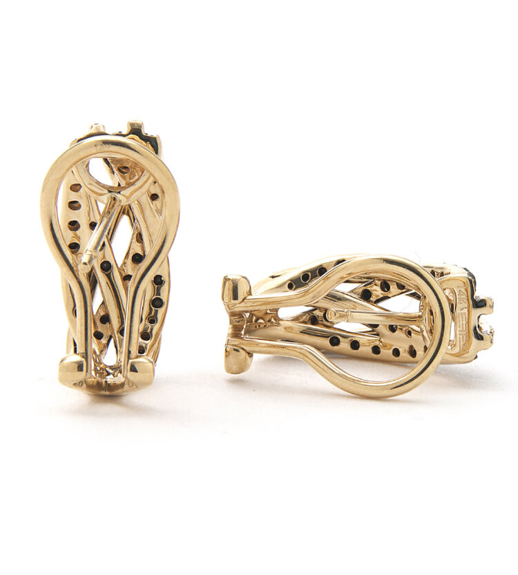 31561 14K YELLOW GOLD EFFY BLACK AND WHITE DIAMOND .99CT MULTI STRAPS CRISS CROSS DESIGN OMEGA CLASP EARRINGS