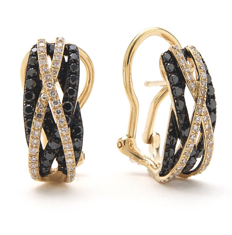 31561 14K YELLOW GOLD EFFY BLACK AND WHITE DIAMOND .99CT MULTI STRAPS CRISS CROSS DESIGN OMEGA CLASP EARRINGS