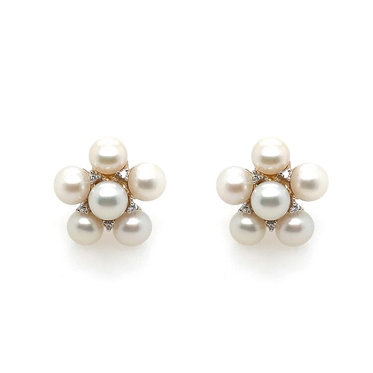 31560 14K YELLOW GOLD PEARL FLOWER WITH DIAMOND .10CT OMEGA CLASP EARRINGS