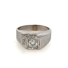 45067 14K WHITE GOLD .50CT H SI1 CENTER DOUBLE SQUARE  .15CT DIAMOND ACCENT  FLORENTINE BRUSH FINISH MENS RING